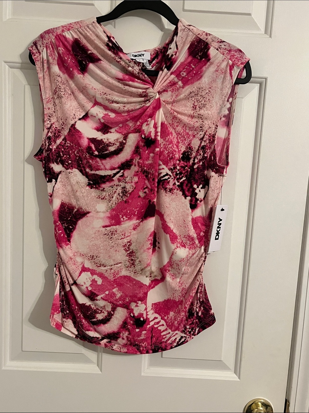 DKNY Pink and White Twist-Front Sleeveless Camisole